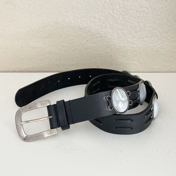 Vintage Leatherock Black Leather Belt with Silver gray stone Accents main image 12